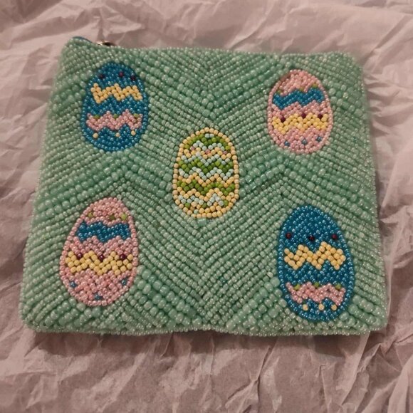 Easter Egg Aqua blue beaded zippered mini clutch, pouch - Picture 2 of 14